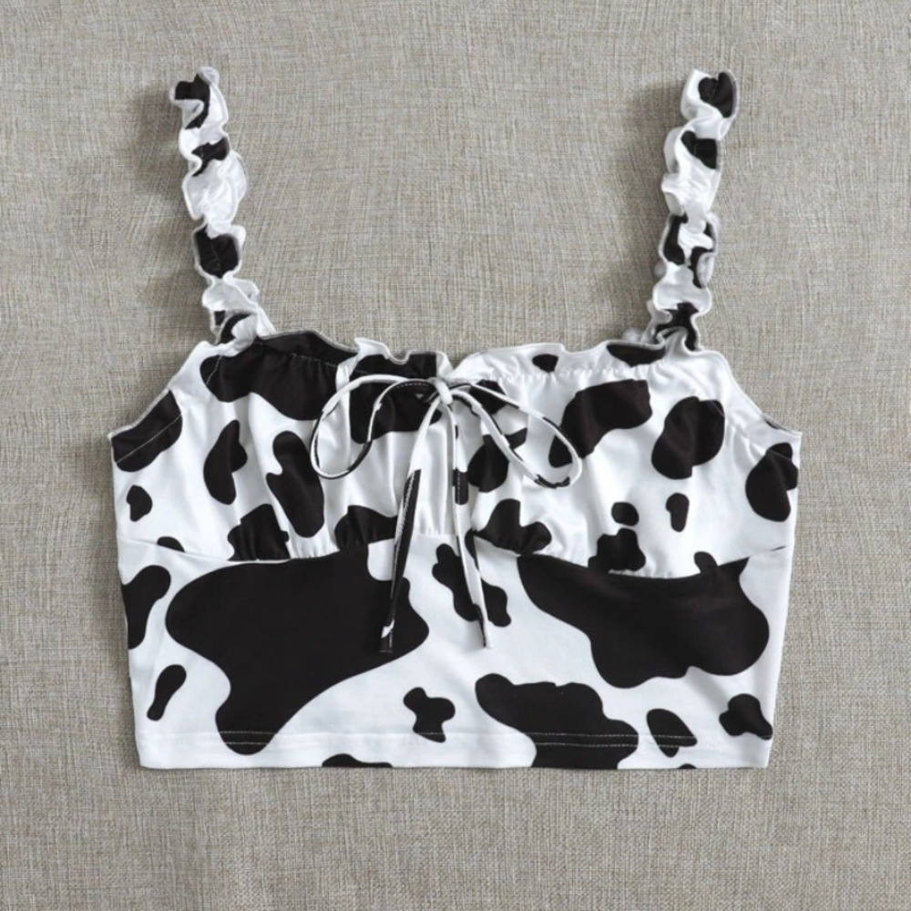 Cow print ruched bust frill trim top